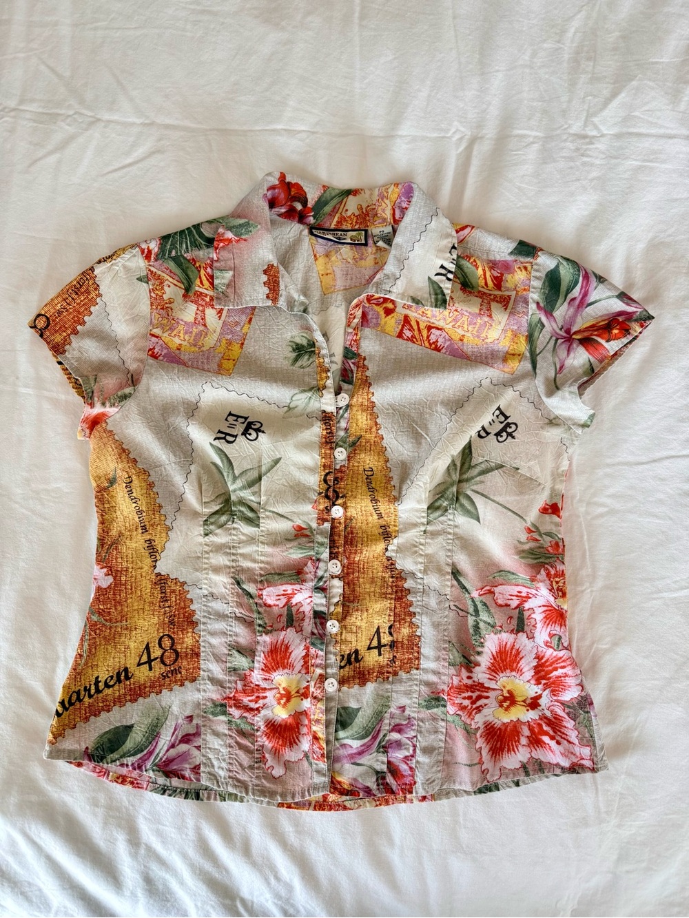 Caribbean Joe Tropical Postcard Floral Collage Button Shirt Petite Small